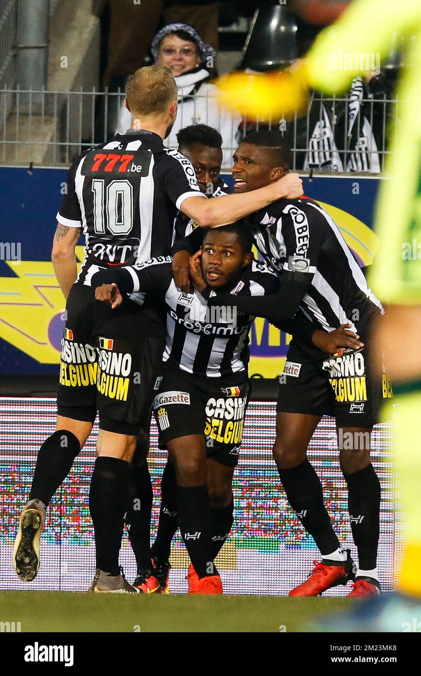 Charleroi's Djamel Bakar celebrates after scoring during the Jupiler Pro League match between Charleroi and Standard de Liege, in Charleroi, Sunday 04 December 2016, on day 17 of the Belgian soccer championship. BELGA PHOTO BRUNO FAHY Stock Photo