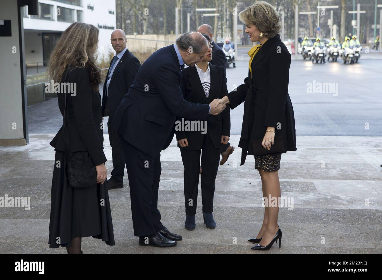 Queen Mathilde of Belgium shakes hands with Antwerp alderman Claude ...