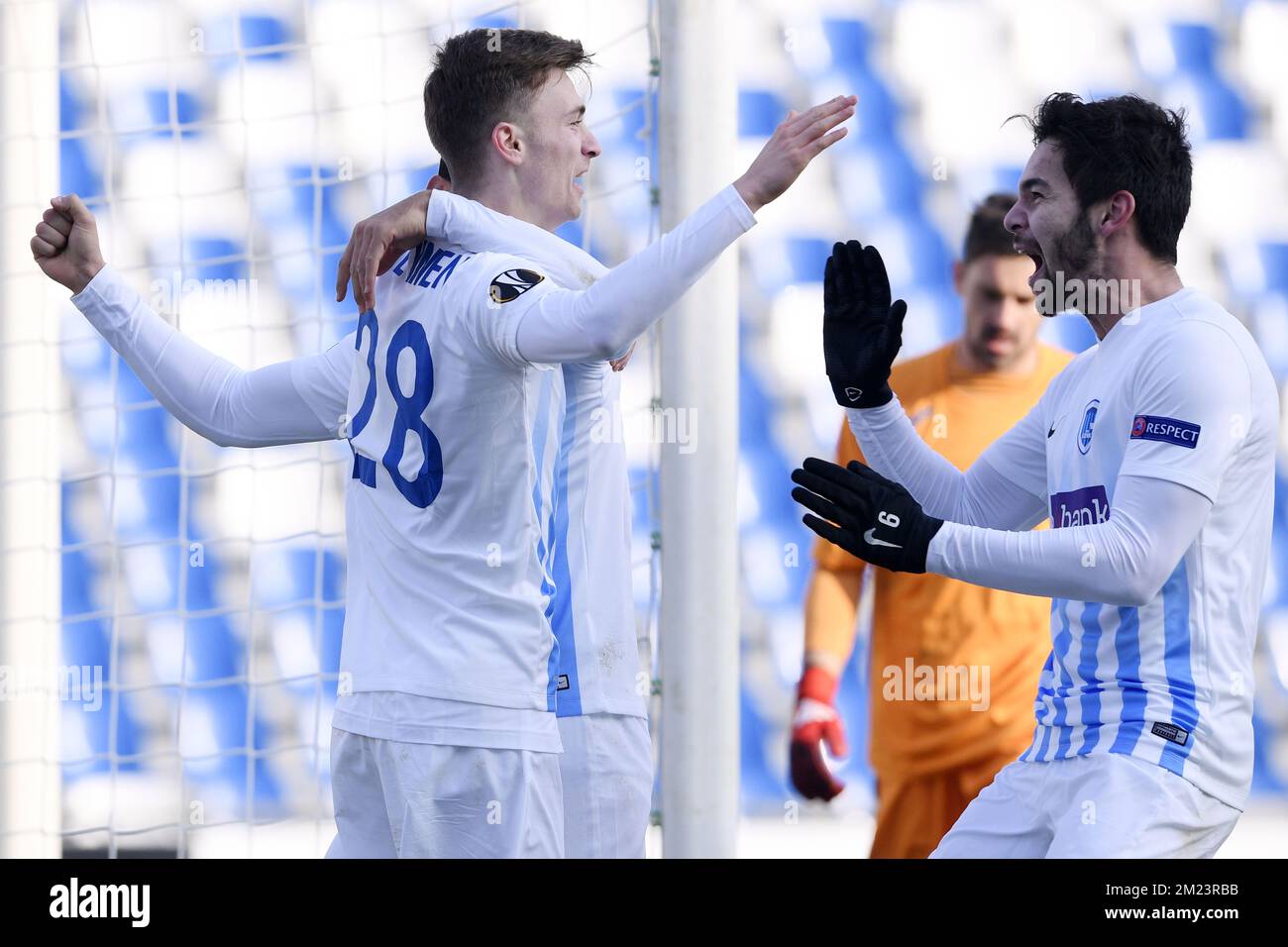 Genk's Brian Heynen and Genk's Sandy Walsh celebrate during a soccer game between Italian Club U.S. Sassuolo Calcio and Belgian team KRC Genk in Parma, Italy, Friday 09 December 2016, the sixth and last game of the group stage of the Europa League competition, in Group F. The match was scheduled for yesterday, but it was postponed due to heavy fog. BELGA PHOTO YORICK JANSENS Stock Photo