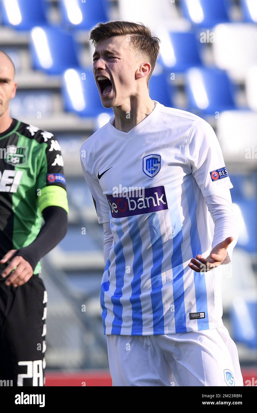 Genk's Brian Heynen celebrates after scoring during a soccer game between Italian Club U.S. Sassuolo Calcio and Belgian team KRC Genk in Parma, Italy, Friday 09 December 2016, the sixth and last game of the group stage of the Europa League competition, in Group F. The match was scheduled for yesterday, but it was postponed due to heavy fog. BELGA PHOTO YORICK JANSENS Stock Photo