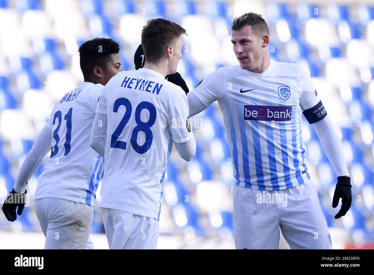 Genk's Brian Heynen and Genk's Sebastien Dewaest celebrate during a soccer game between Italian Club U.S. Sassuolo Calcio and Belgian team KRC Genk in Parma, Italy, Friday 09 December 2016, the sixth and last game of the group stage of the Europa League competition, in Group F. The match was scheduled for yesterday, but it was postponed due to heavy fog. BELGA PHOTO YORICK JANSENS Stock Photo