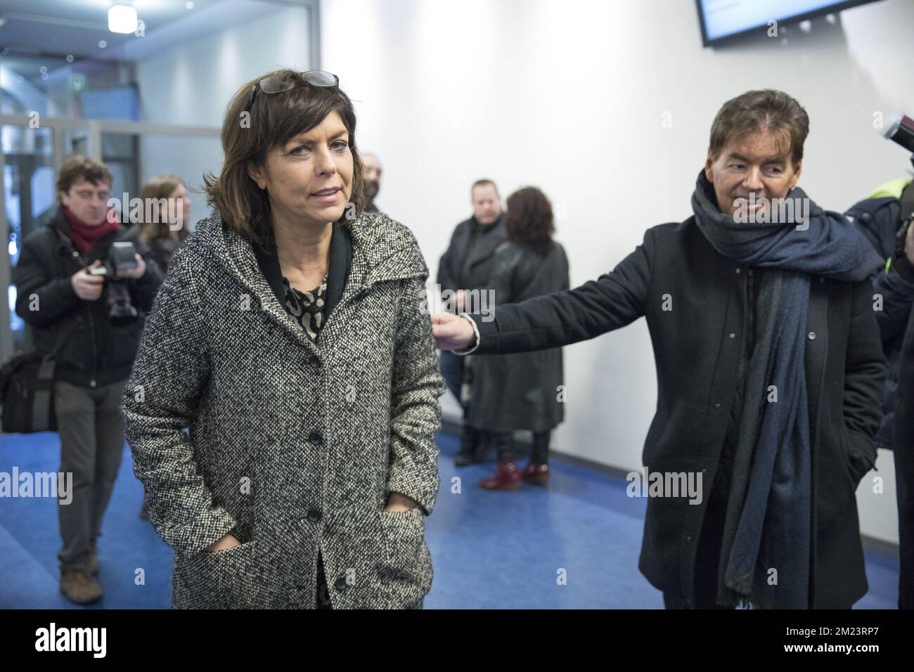 cdH's Joelle Milquet and Bernard Wesphael pictured during the funeral ceremony for Minister of State Jacky Morael, Tuesday 13 December 2016 in Liege. Morael, who was State Secretary and Senator for French-speaking green party Ecolo, passed away on December Sixth. BELGA PHOTO KOEN BLANCKAERT Stock Photo