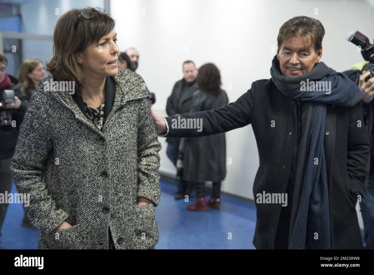 cdH's Joelle Milquet and Bernard Wesphael pictured during the funeral ceremony for Minister of State Jacky Morael, Tuesday 13 December 2016 in Liege. Morael, who was State Secretary and Senator for French-speaking green party Ecolo, passed away on December Sixth. BELGA PHOTO KOEN BLANCKAERT Stock Photo