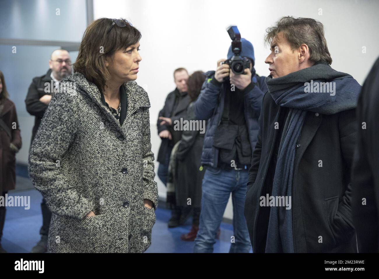 cdH's Joelle Milquet and Bernard Wesphael pictured during the funeral ceremony for Minister of State Jacky Morael, Tuesday 13 December 2016 in Liege. Morael, who was State Secretary and Senator for French-speaking green party Ecolo, passed away on December Sixth. BELGA PHOTO KOEN BLANCKAERT Stock Photo