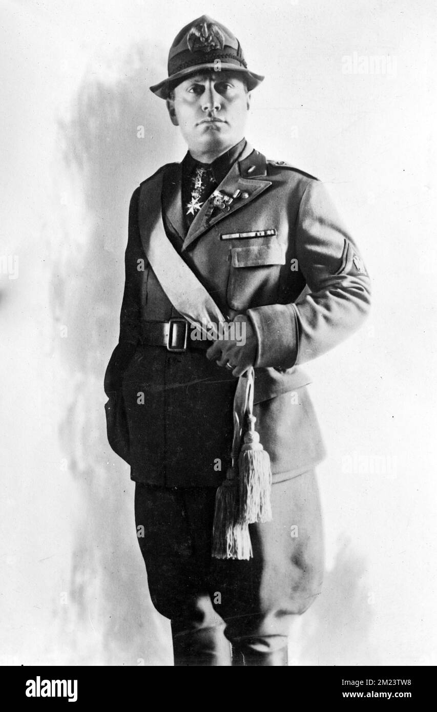 Mussolini, Benito Mussolini, Benito Amilcare Andrea Mussolini (1883 – 1945) Italian politician who founded and led the National Fascist Party. He was Prime Minister of Italy from 1922 until his deposition in 1943, and 'Duce' of Italian Fascism from the establishment of the Italian Fasces of Combat in 1919 until his execution in 1945 by Italian partisans. Stock Photo
