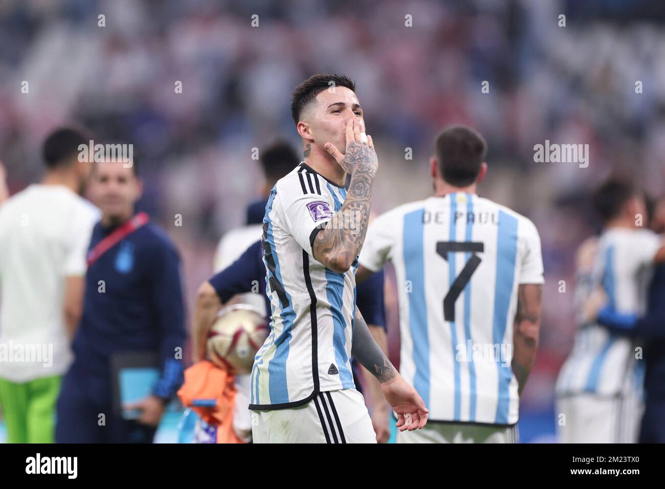 Lusail, Qatar. 13th Dec, 2022. Enzo Fernandez of Argentina celebrates winning the Semifinal between Argentina and Croatia at the 2022 FIFA World Cup at Lusail Stadium in Lusail, Qatar, Dec. 13, 2022. Credit: Cao Can/Xinhua/Alamy Live News Stock Photo