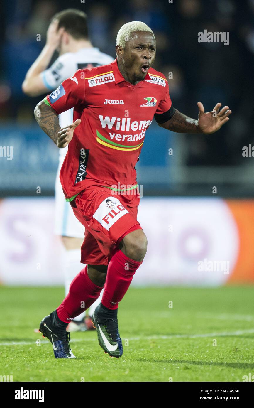 Oostende's Gohi Bi Zoro Cyriac celebrates after scoring during a soccer