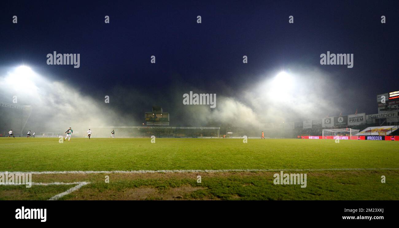 The game was delayed some moments due to smoke over the pitch caused by fans of Cercle, at the Proximus League match of D1B between Roeselare and Cercle Brugge, in Roeselare, on Saturday 17 December 2016, on the day 20 of the Belgian soccer championship, division 1B. BELGA PHOTO DAVID CATRY Stock Photo