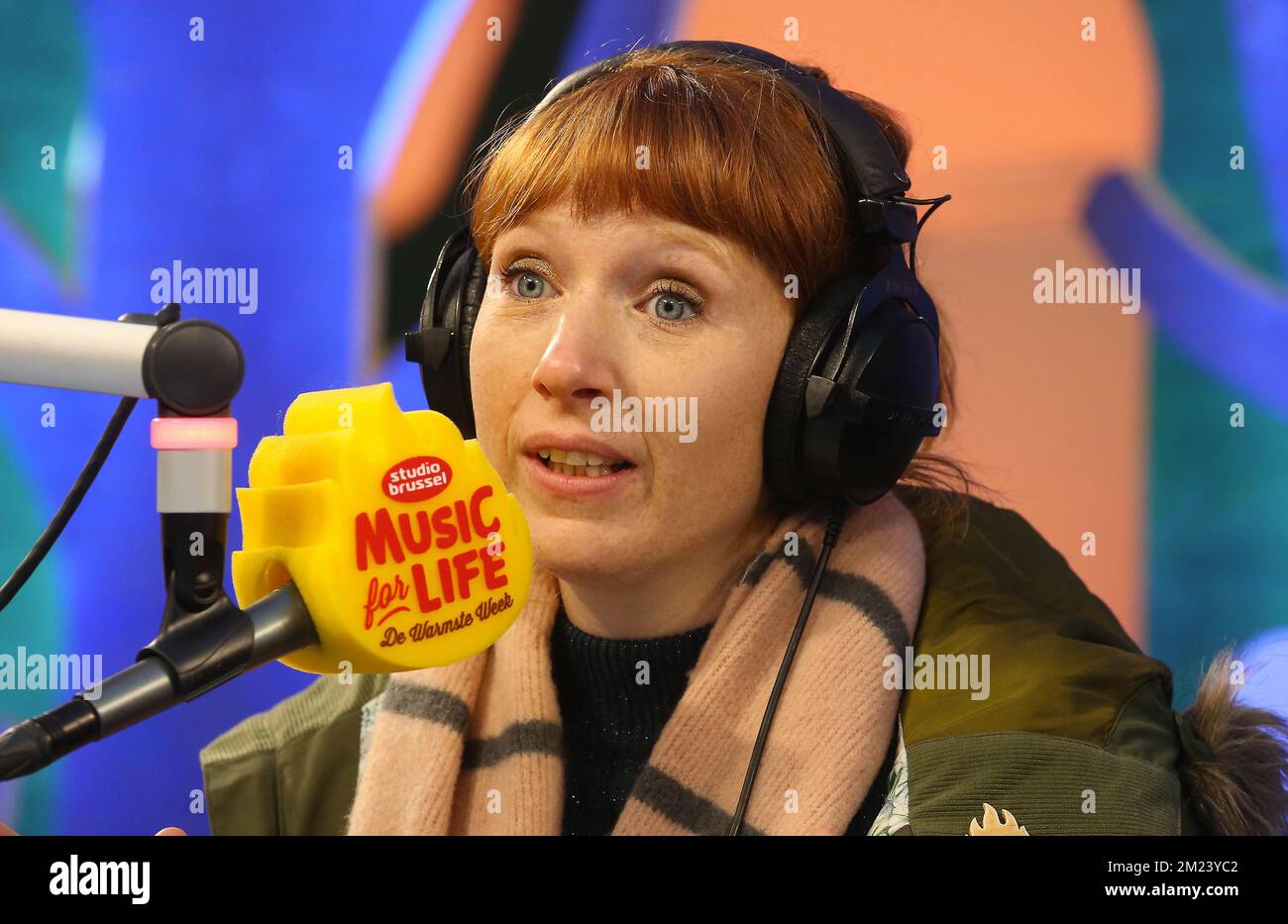 Animator Linde Merckpoel pictured at the start of the 2016 edition (the  11th edition) of the Music For Life campaign 'De Warmste Week', organized  by Flemish VRT radio station Studio Brussels, Sunday