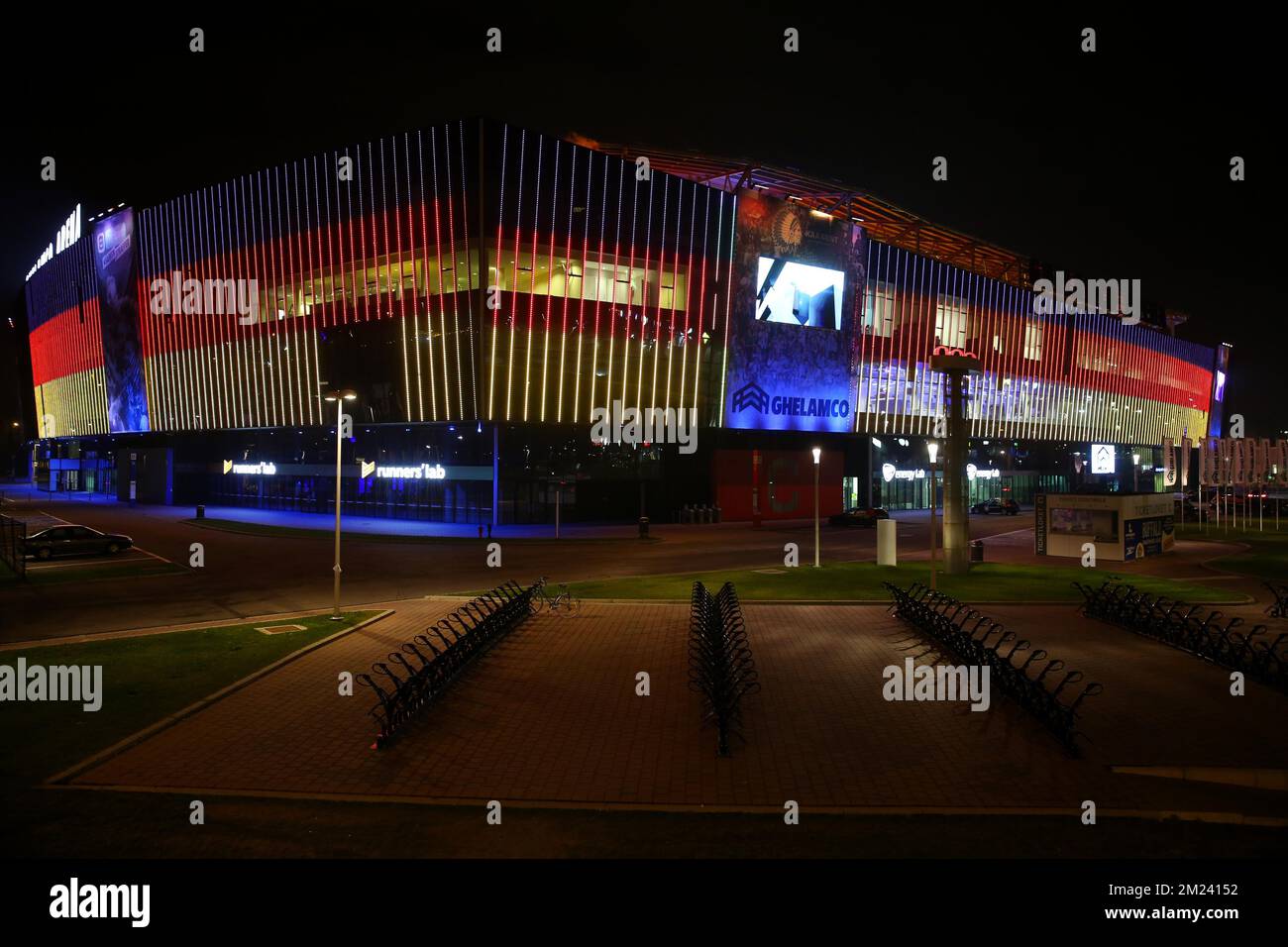 Illustration shows the Ghelamco Arena soccer stadium covered with lights at the colours of the German flags, Tuesday 20 December 2016. Yesterday a truck crashed into a Christmas market in Berlin, making twelve dead and almost 50 injured. BELGA PHOTO HATIM KAGHAT  Stock Photo