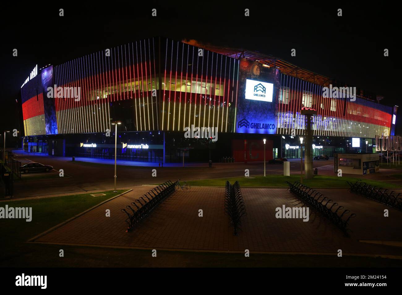 Illustration shows the Ghelamco Arena soccer stadium covered with lights at the colours of the German flags, Tuesday 20 December 2016. Yesterday a truck crashed into a Christmas market in Berlin, making twelve dead and almost 50 injured. BELGA PHOTO HATIM KAGHAT  Stock Photo