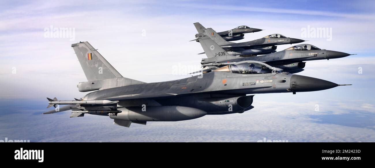 Illustration picture shows a test flight of F16 fighter jets of the Quick Reaction Alert (QRA) airspace security, after an agreement was signed between the three Benelux countries was signed to create a common QRA, Wednesday 21 December 2016 in Rotterdam, Netherlands. BELGA PHOTO YORICK JANSENS Stock Photo