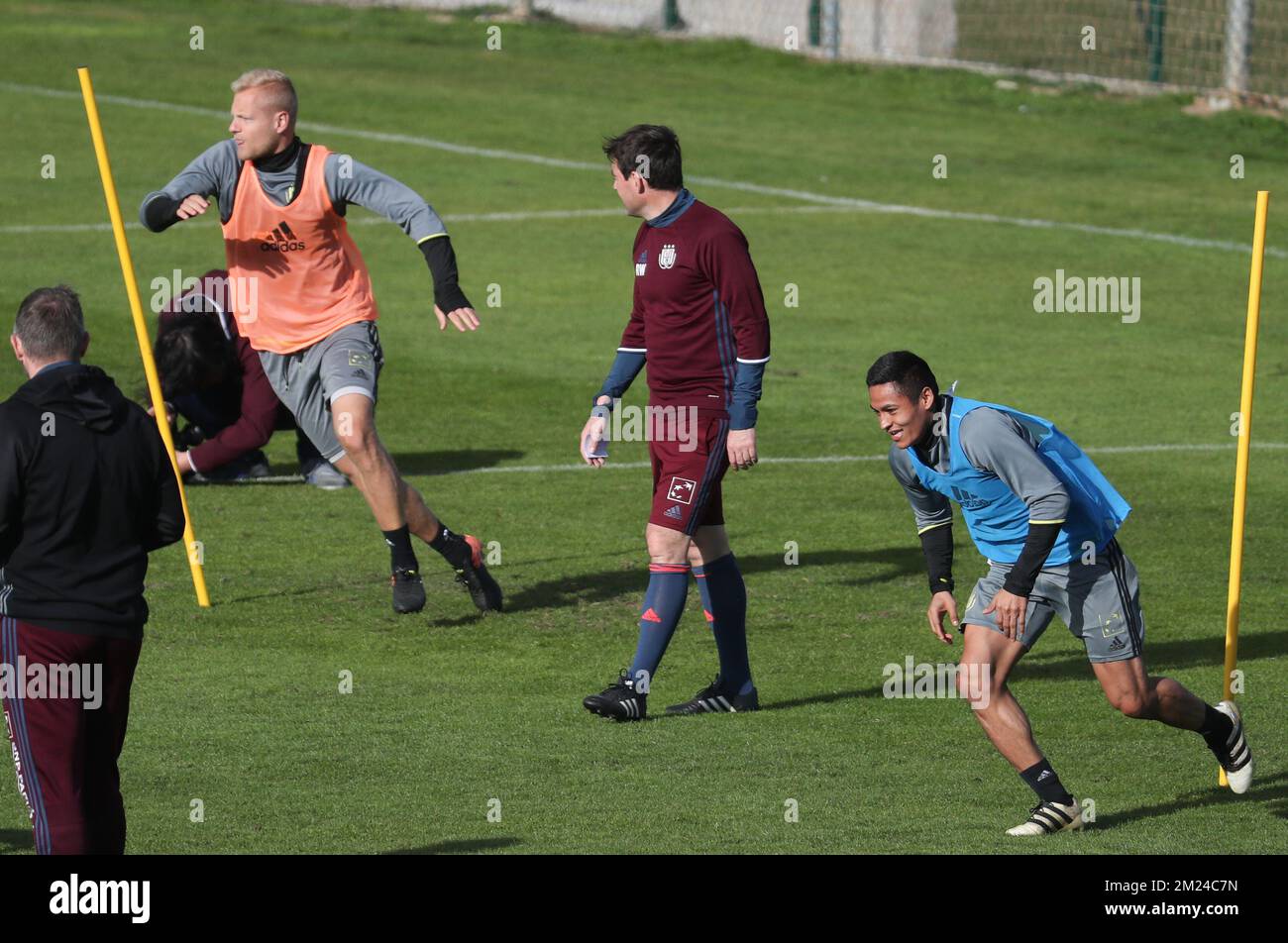 Anderlecht's Olivier Deschacht, Anderlecht's head coach Rene Weiler and Anderlecht's Andy Najar fight for the ball during the seventh day of the winter training camp of Belgian first division soccer team RSC Anderlecht Los Belones, Murcia, Spain, Wednesday 11 January 2017. BELGA PHOTO VIRGINIE LEFOUR Stock Photo