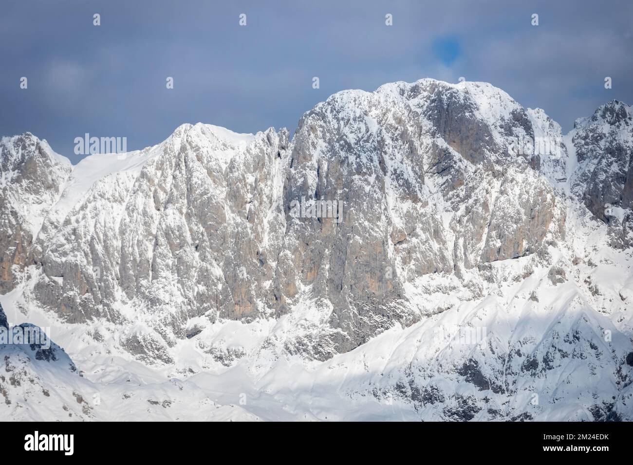 View of the Presolana mountain after a snowfall in winter from Mount Pora. Val Seriana, Castione della Presolana, Bergamo district, Lombardy, Italy. Stock Photo