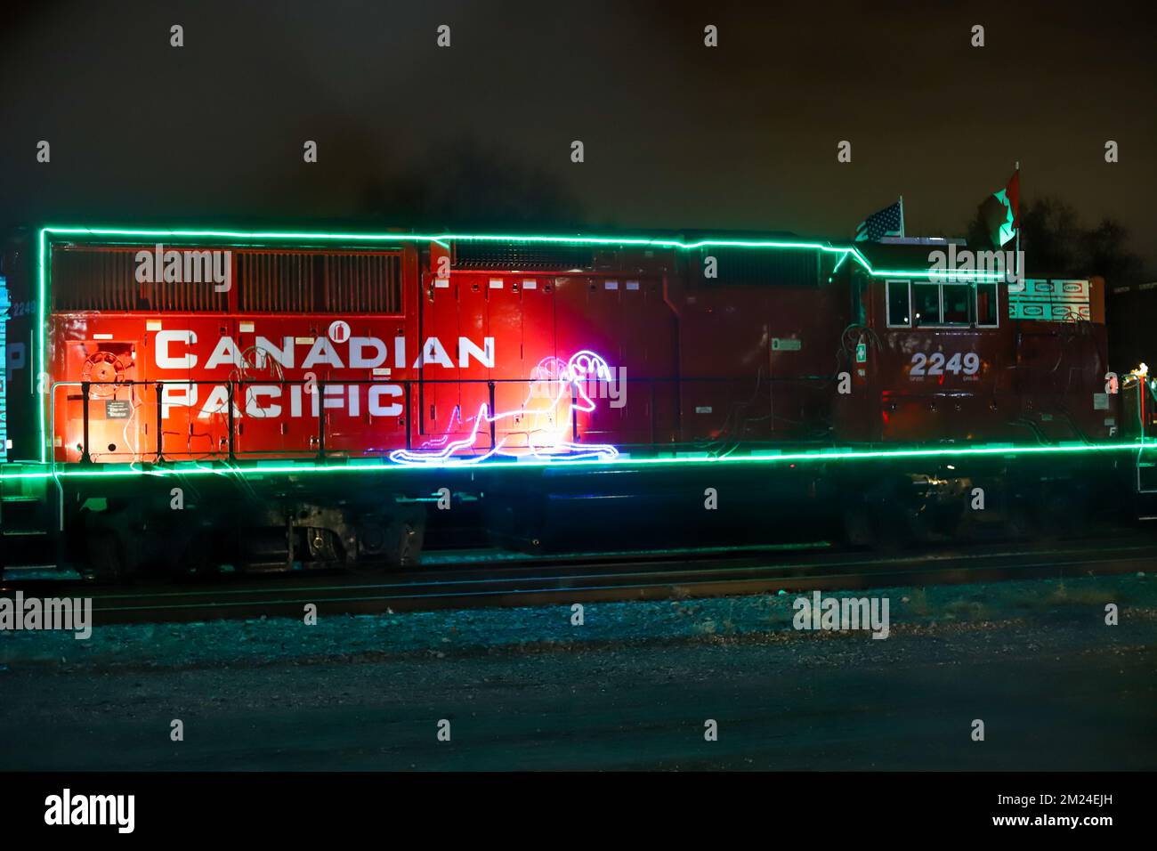 Canadian Pacific Christmas Train - a special train that starts from Montreal goes across Canada to Vancouver, holds a charity concert for various char Stock Photo