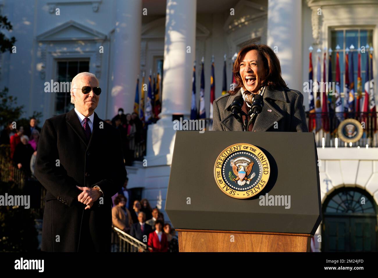 Washington, USA. 13th Dec, 2022. U.S. President Joe Biden and Vice President Kamala Harris host a ceremony on the South Lawn to sign the Respect for Marriage Acton the South Lawn of the White House in Washington on December 13, 2022. Photo by Yuri Gripas/Pool/Sipa USA Credit: Sipa USA/Alamy Live News Stock Photo