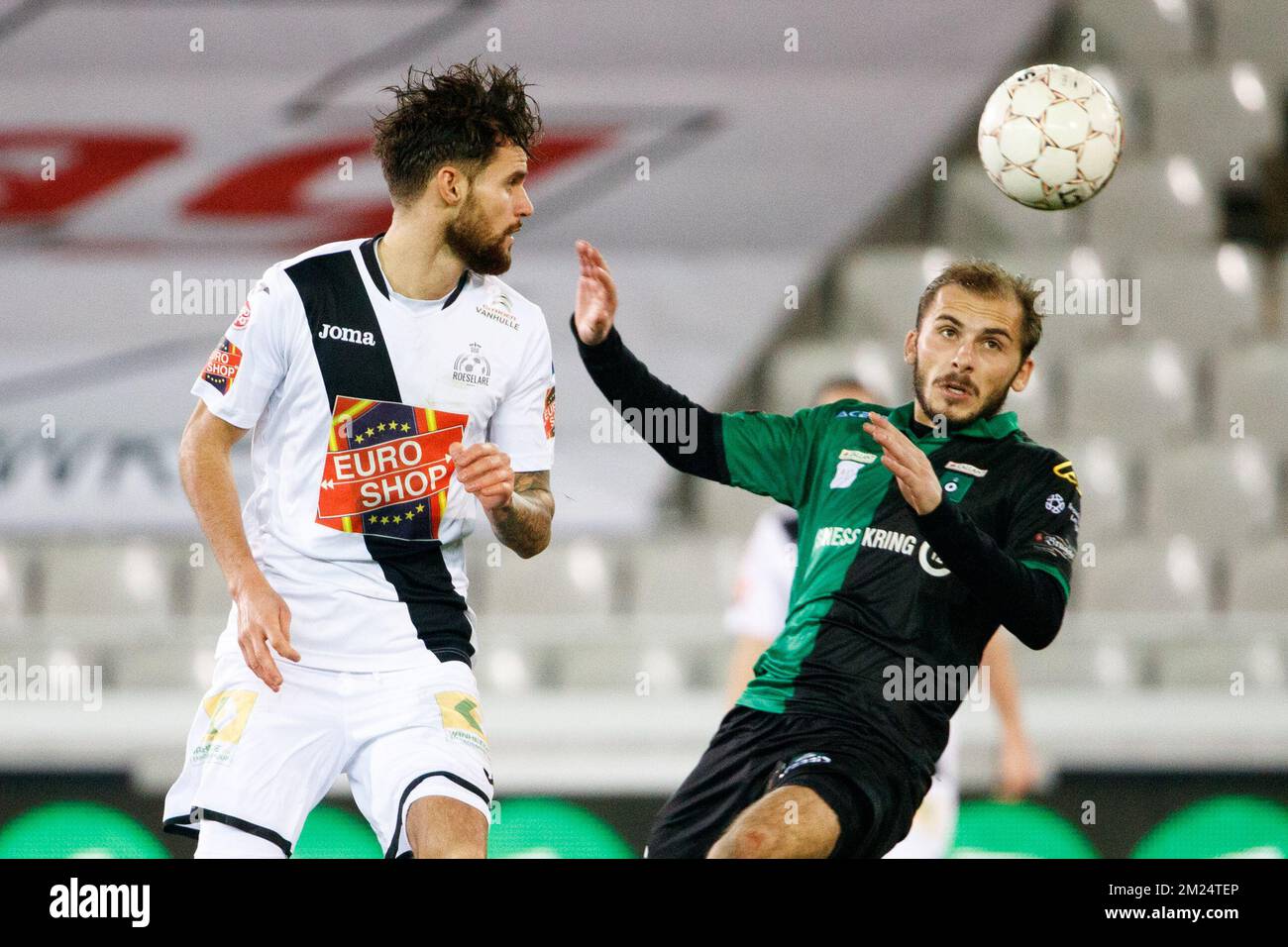 Roeselare's Thibaut Van Acker and Cercle's Thomas Jutten fight for the ball during the Proximus League match of D1B between Cercle Brugge KSV and KSV Roeselare, in Brugge, Saturday 28 January 2017, on day 24 of the Belgian soccer championship, division 1B. BELGA PHOTO KURT DESPLENTER Stock Photo