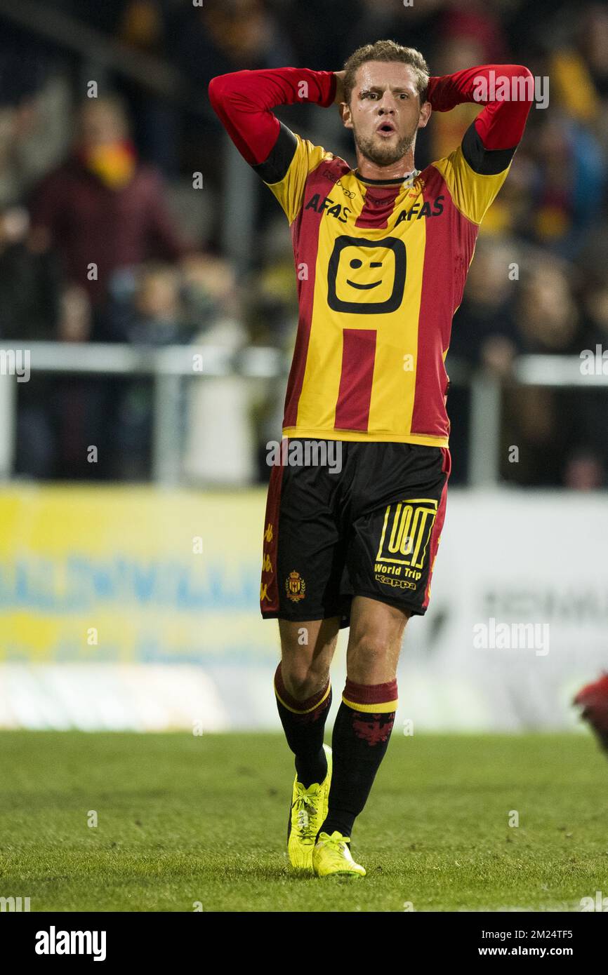 Mechelen's Mats Rits reacts during the Jupiler Pro League match between KV  Mechelen and KRC Genk,