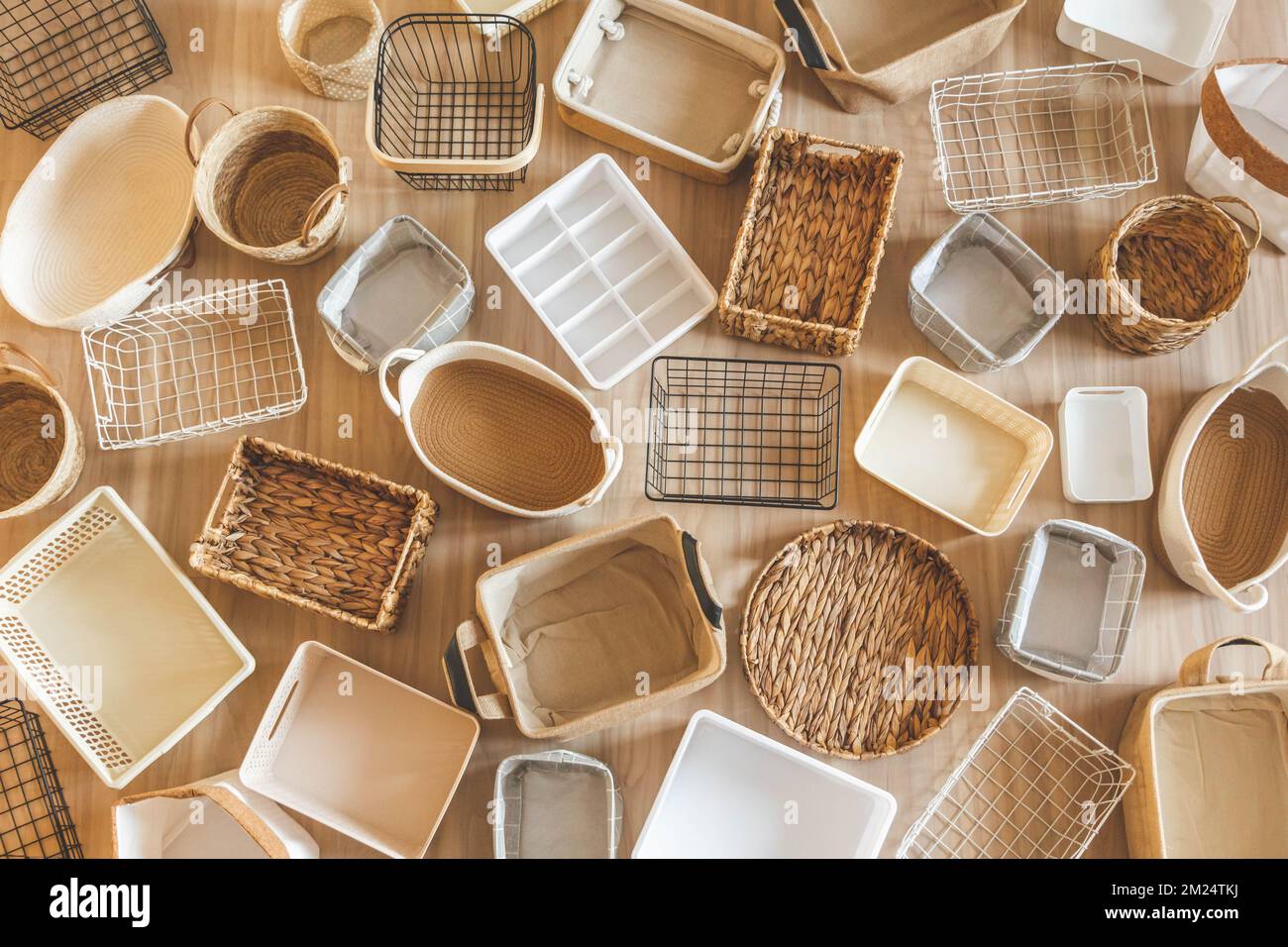 Flat lay of storage boxes; containers and baskets with different sizes and shapes Stock Photo