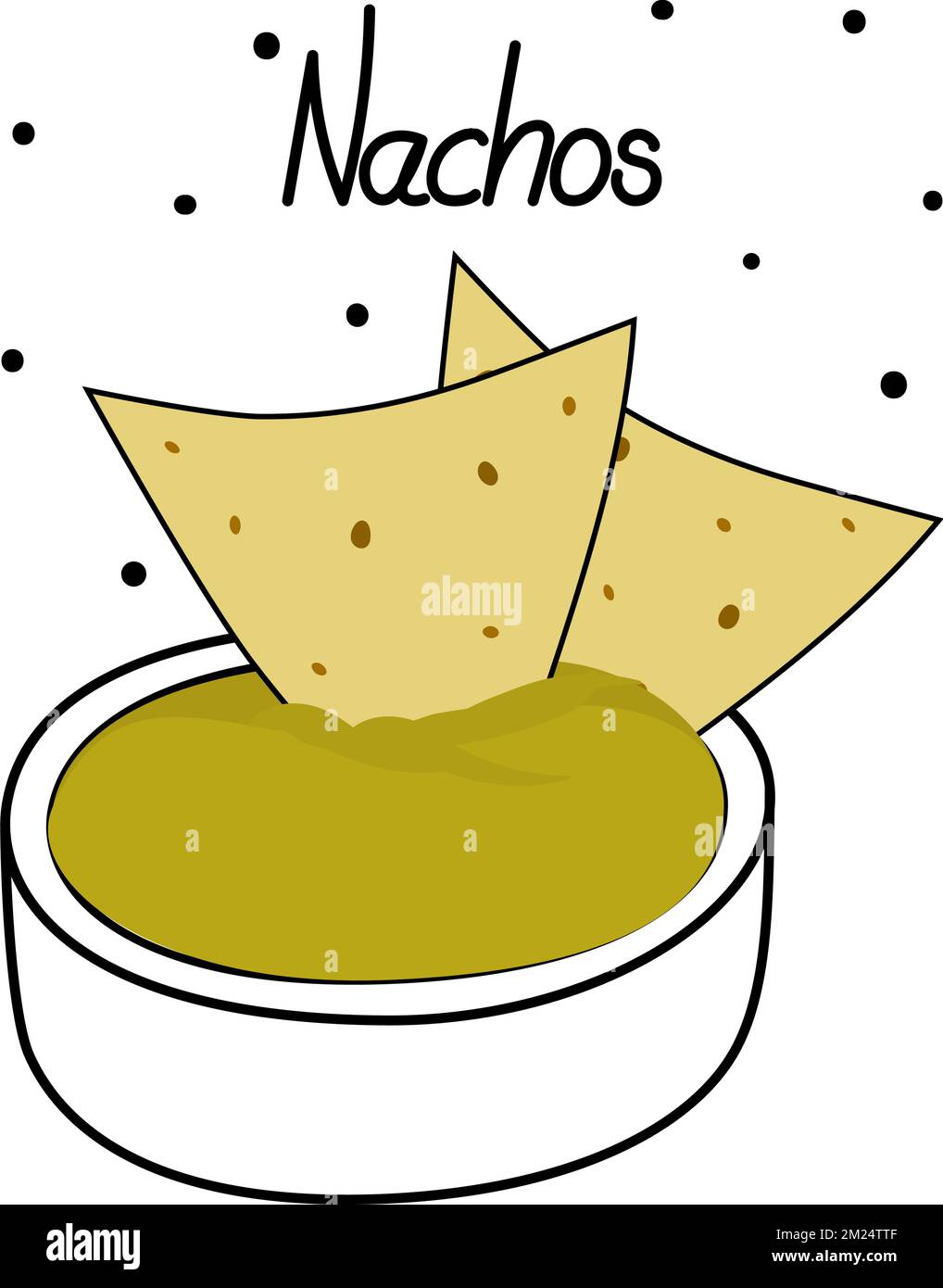 Mexican Corn chips Nachos with Guacamole sauce green hue in a saucer and inscription of the Nachos. Latina American food. Sticker. Icon. Isolate. Good for pattern, invitation, poster, cards, brochures Stock Vector