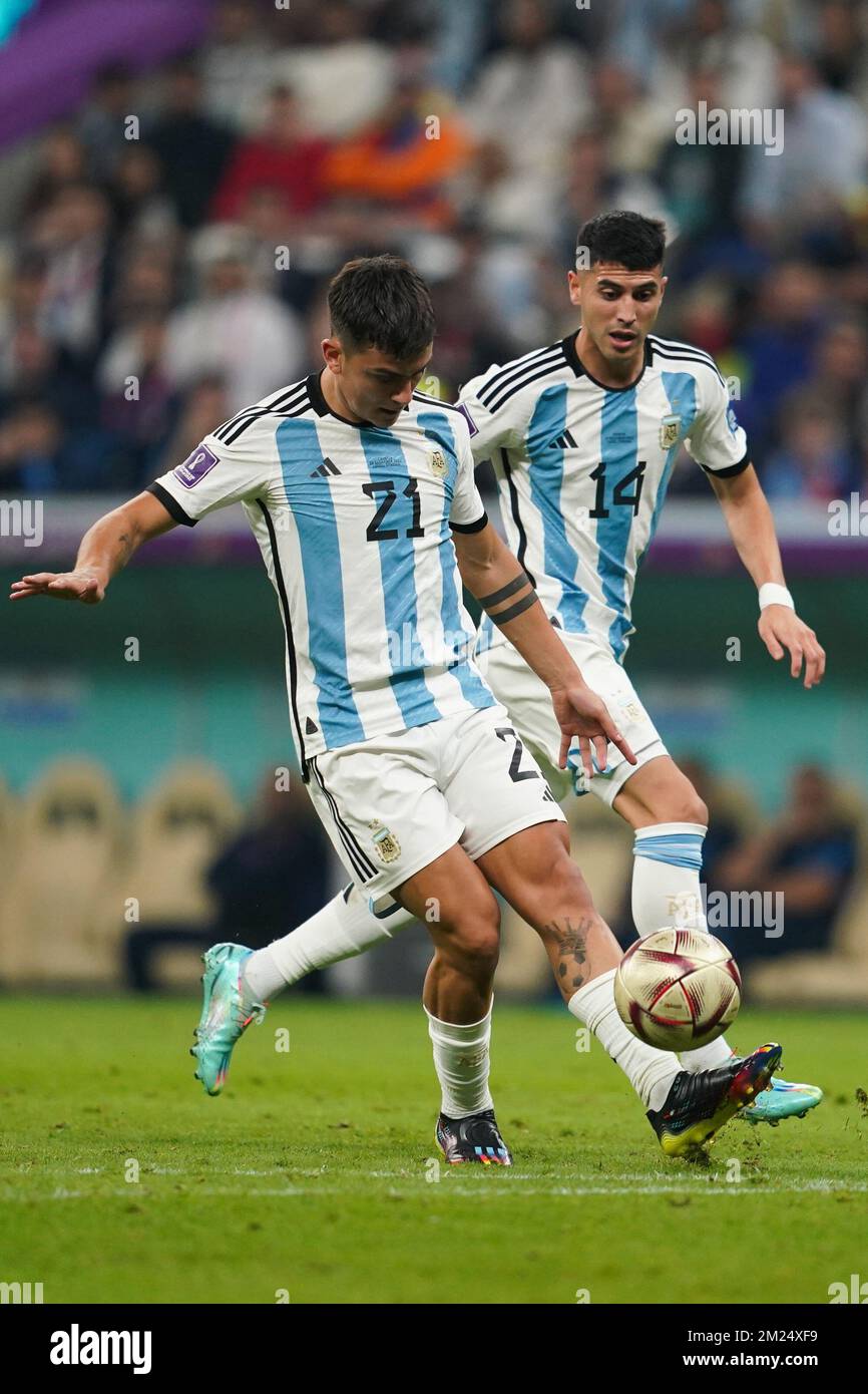 DOHA, QATAR - DECEMBER 13: Player of Argentina Paulo Dybala passes the ball during the FIFA World Cup Qatar 2022 Semi-finals match between Argentina and Croatia at Lusail Stadium on December 13, 2022 in Lusail, Qatar. (Photo by Florencia Tan Jun/PxImages) Stock Photo