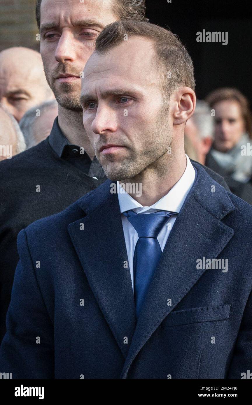Genk's Thomas Buffel pictured during the funeral ceremony of Stephanie De Buyser (39), wife of soccer player Thomas Buffel, Thursday 02 February 2017, in Beernem Maria Moeder Godskerk. She died from cancer and left twin boys of three years old. BELGA PHOTO KURT DESPLENTER Stock Photo