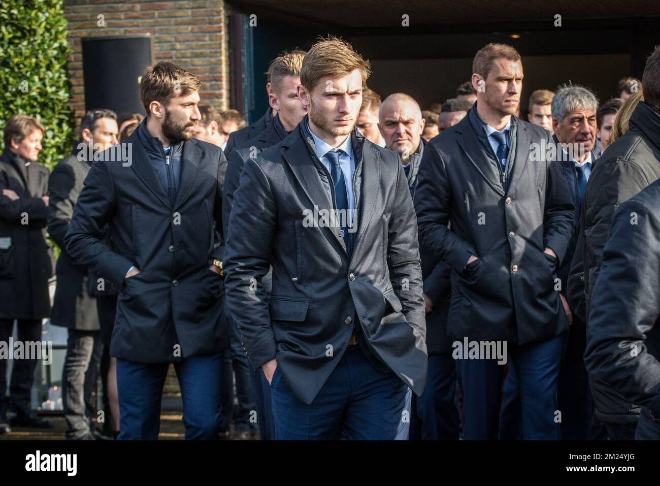 Genk's players pictured during the funeral ceremony of Stephanie De Buyser (39), wife of soccer player Thomas Buffel, Thursday 02 February 2017, in Beernem Maria Moeder Godskerk. She died from cancer and left twin boys of three years old. BELGA PHOTO KURT DESPLENTER Stock Photo