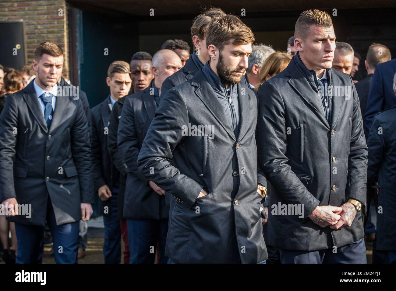 Genk's players pictured during the funeral ceremony of Stephanie De Buyser (39), wife of soccer player Thomas Buffel, Thursday 02 February 2017, in Beernem Maria Moeder Godskerk. She died from cancer and left twin boys of three years old. BELGA PHOTO KURT DESPLENTER Stock Photo