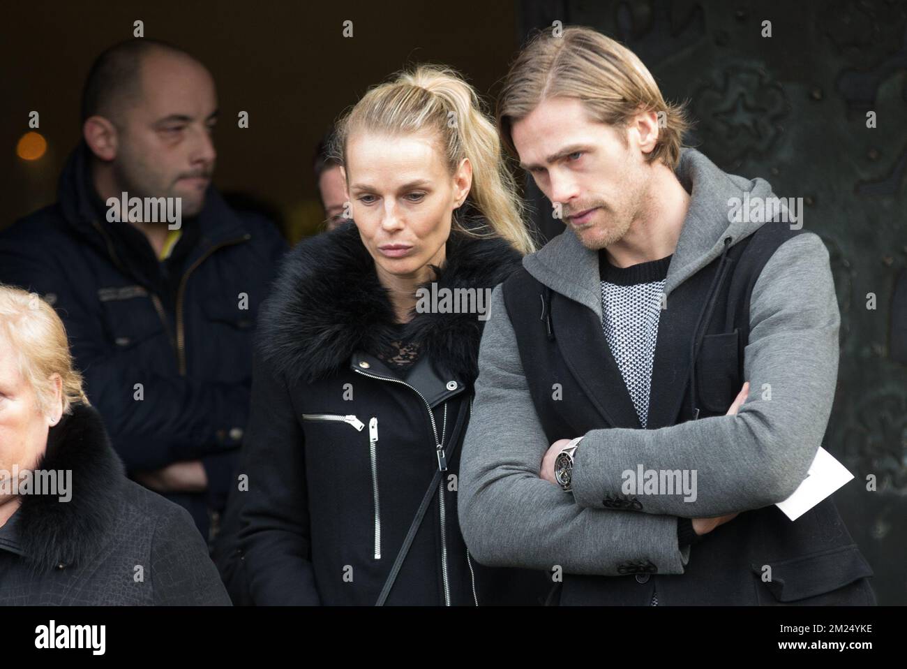 Hans Cornelis and his wife pictured during the funeral ceremony of Stephanie De Buyser (39), wife of soccer player Thomas Buffel, Thursday 02 February 2017, in Beernem Maria Moeder Godskerk. She died from cancer and left twin boys of three years old. BELGA PHOTO KURT DESPLENTER Stock Photo