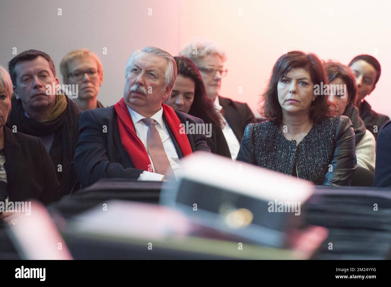 Federation Wallonia - Brussels Minister of Budget, Public Fonction, Administrative Simplification Andre Flahaut and cdH's Joelle Milquet pictured during the farewell ceremony for former mayor of Seraing and PS politician Gaston Onkelinx who died at the age of 84, on Friday 03 February 2017, in Ougree. BELGA PHOTO NICOLAS LAMBERT Stock Photo