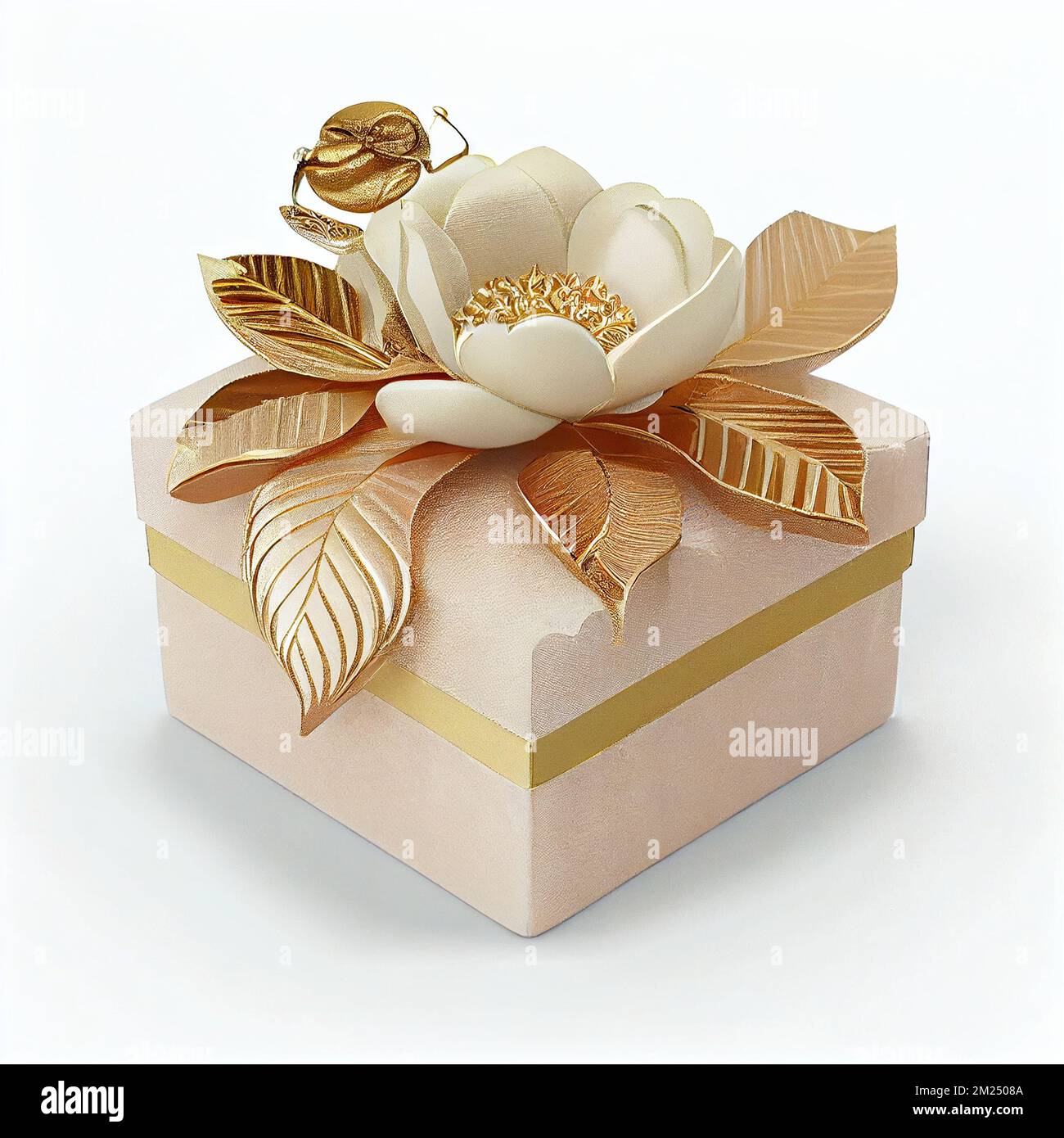 Luxury Gift Box with Flower Ribbon and Gold Ornaments, Isolated, White