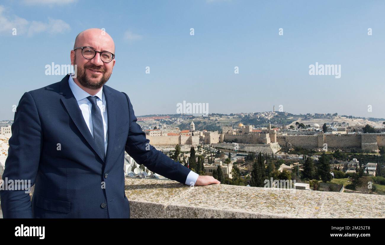 Belgian Prime Minister Charles Michel poses for photographers on the top of King David Hotel, with a nice view on Jerusalem old city, Israel, part of a three days visit of Belgian Prime Minister to Israel and Palestine, Monday 06 February 2017. BELGA PHOTO JOHANNA GERON  Stock Photo