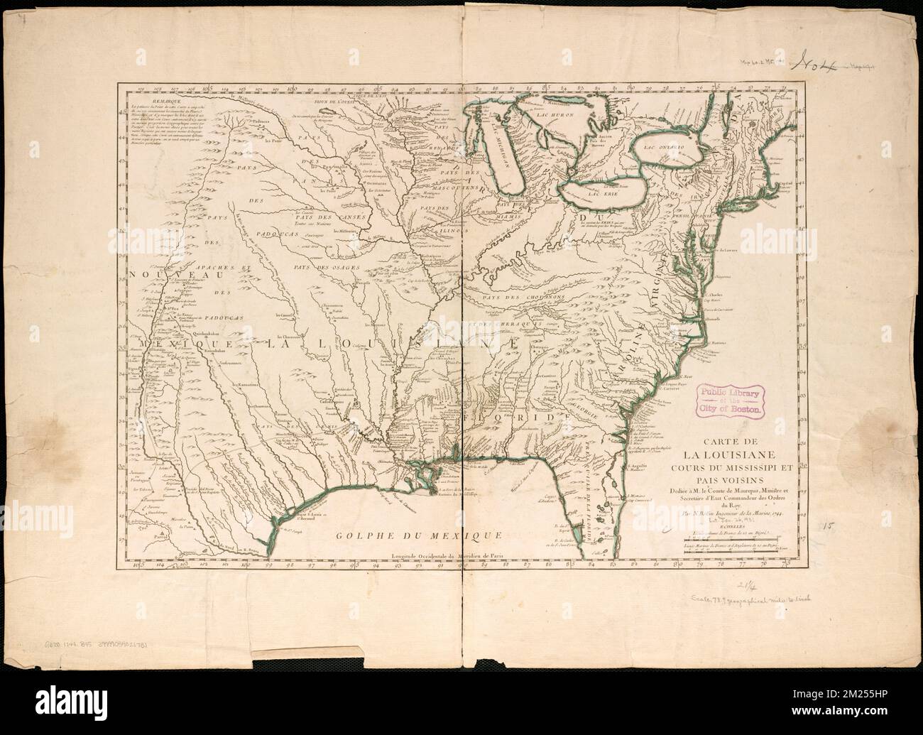 Carte de la Louisiane cours du - Carte De La Louisiane Cours Du Mississipi Et Pais Voisins Dediee A M Le Comte De Maurepas Ministre Et Secretaire Detat Commandeur Des Ordres Du Roy United States Maps Early Works To 1800 Norman B Leventhal Map Center Collection 2M255HP 
