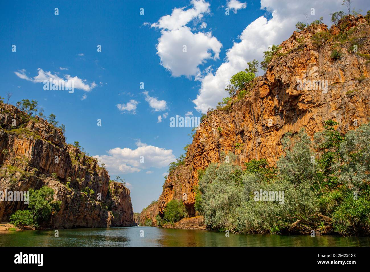 View of the Katherine River and its deep gorge carved through ancient sandstone, in Nitmiluk (Katherine Gorge) National Park, Northern Territory, Aust Stock Photo