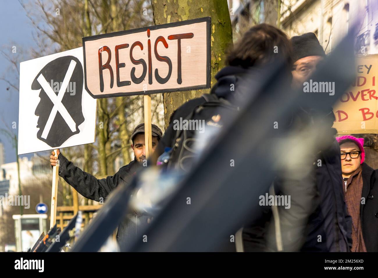 a protest against US President Donald Trump's executive immigration ban and his visit to Belgium, Sunday 12 February 2017in Brussels. President Trump signed the controversial executive order that halted refugees and residents from predominantly Muslim countries from entering the United States. BELGA PHOTO HATIM KAGHAT Stock Photo