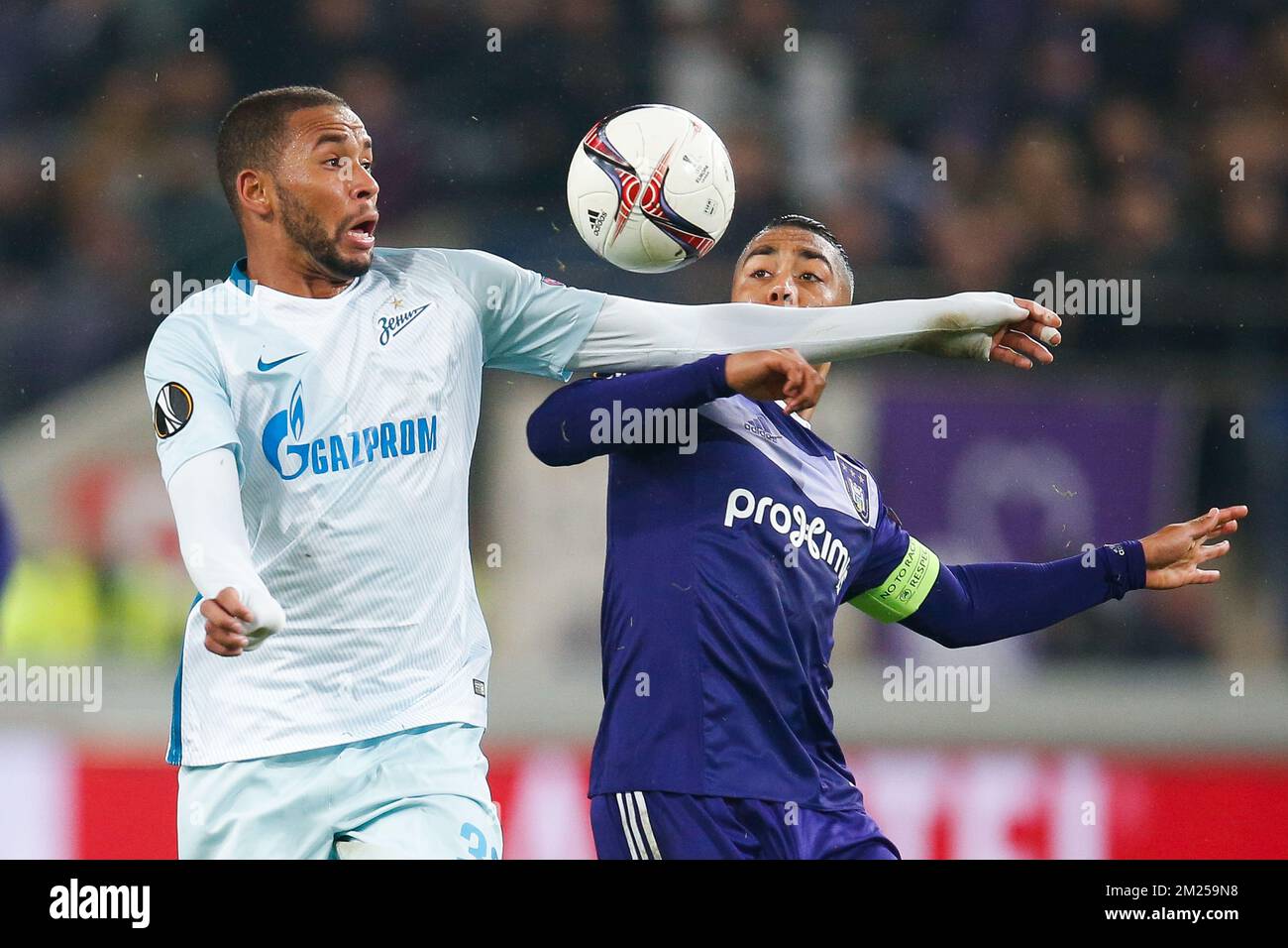 Zenit's midfielder's Hernani Azevedo Junior and Anderlecht's Youri Tielemans fight for the ball during a game between Belgian soccer team RSC Anderlecht and Russian team FC Zenit, first-leg of the 1/16 finals of the Europa League competition, Thursday 16 February 2017, in Brussels. BELGA PHOTO BRUNO FAHY Stock Photo