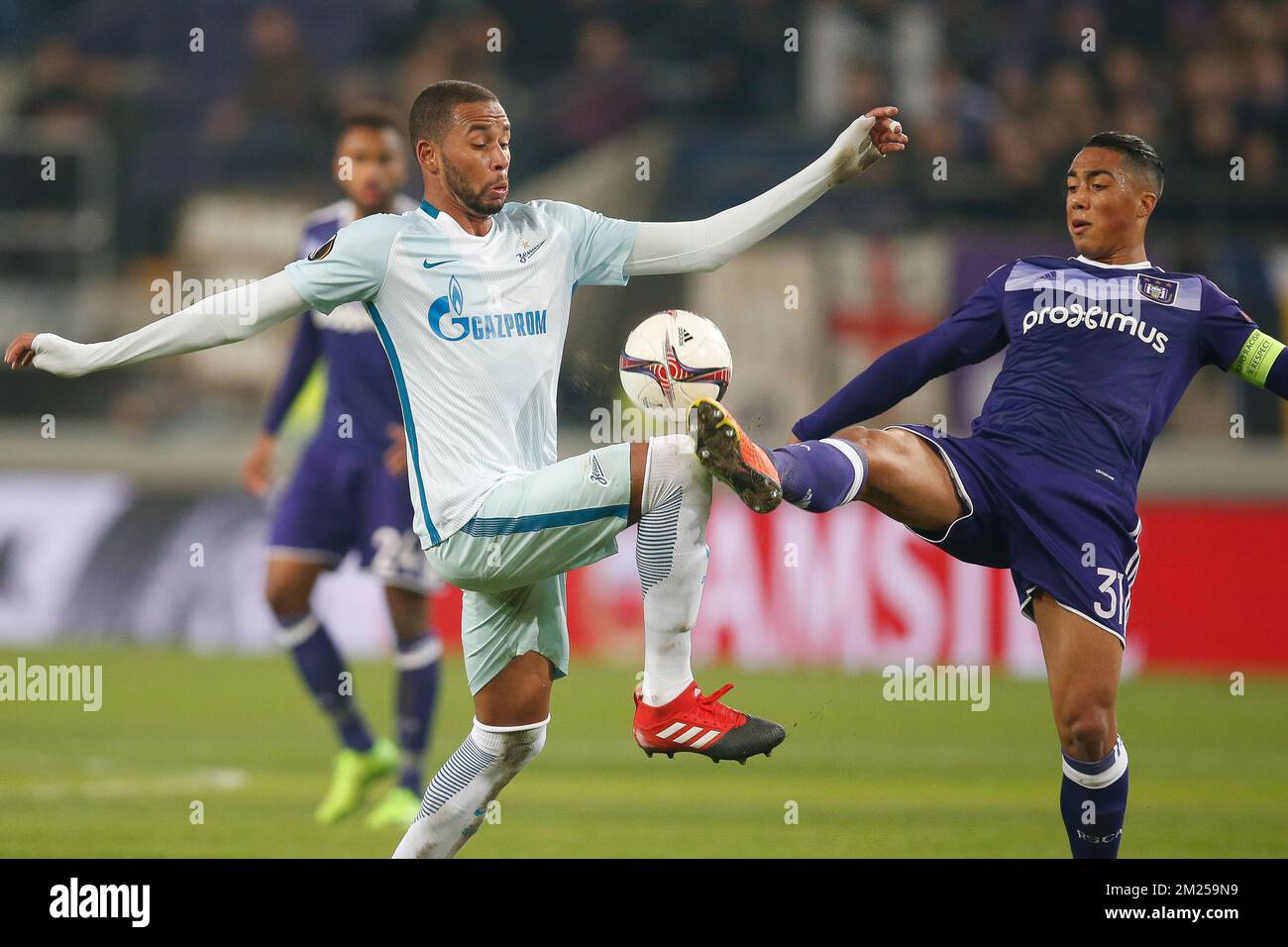 Zenit's midfielder's Hernani Azevedo Junior and Anderlecht's Youri Tielemans fight for the ball during a game between Belgian soccer team RSC Anderlecht and Russian team FC Zenit, first-leg of the 1/16 finals of the Europa League competition, Thursday 16 February 2017, in Brussels. BELGA PHOTO BRUNO FAHY Stock Photo