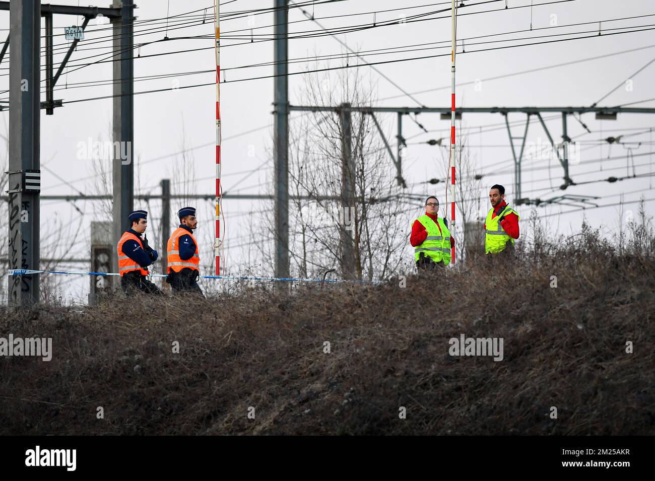 Illustration picture shows the scene of a train derailment in Kessel-Lo, Leuven, Flemish-Brabant province, Saturday 18 February 2017. One person died, 19 got injured on the accident. BELGA PHOTO DAVID STOCKMAN Stock Photo