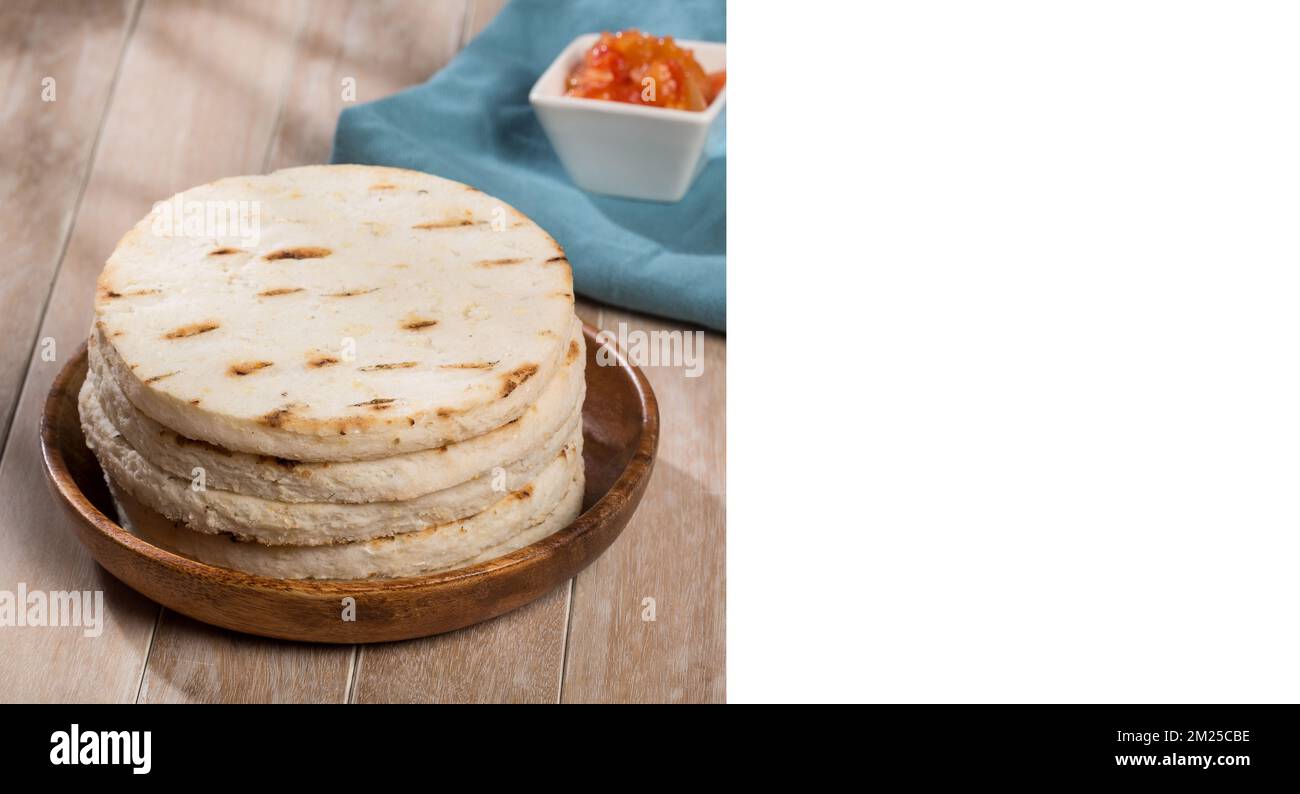 Arepas typical food from Latin America white corn arepas. With space