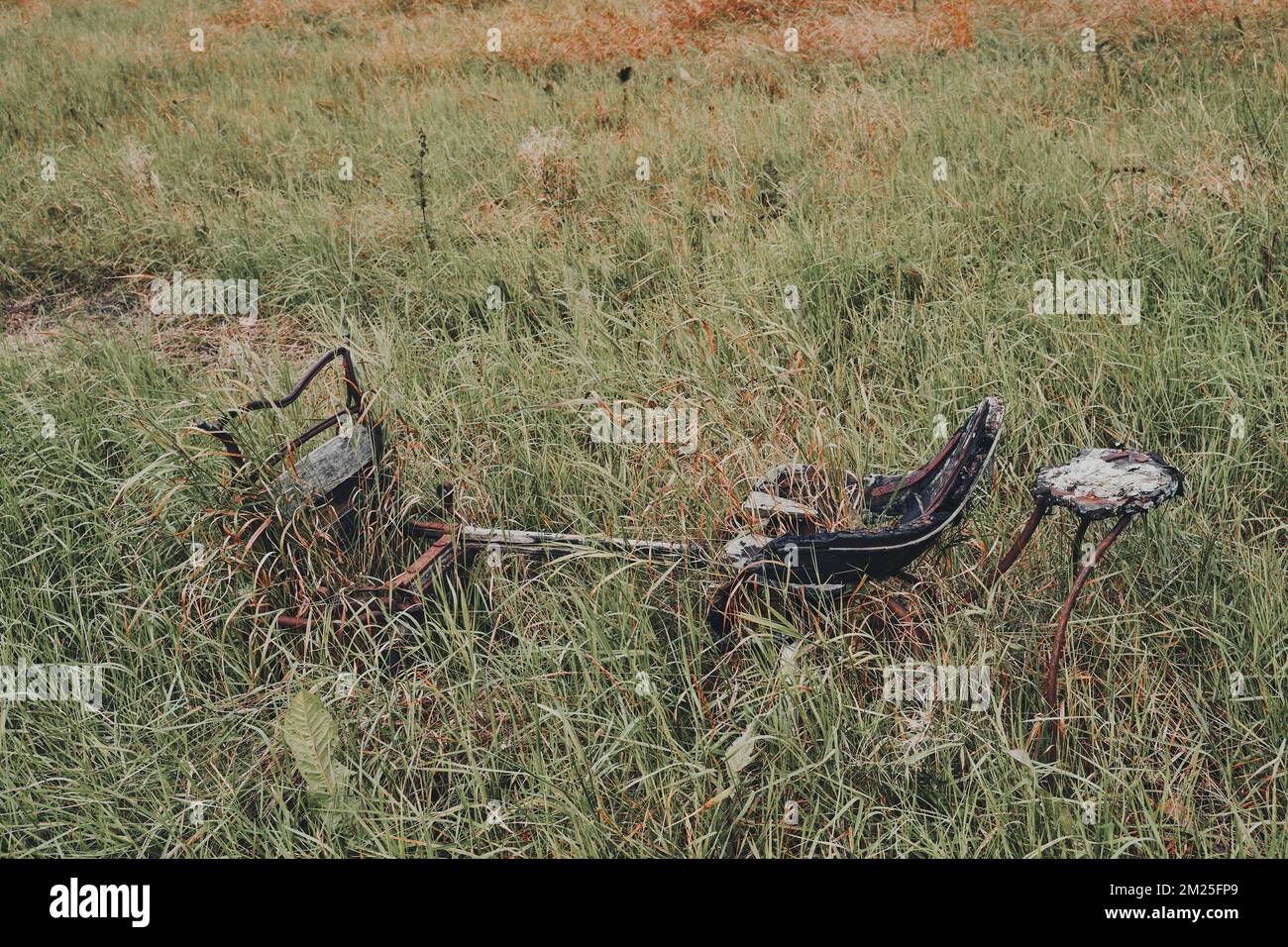An old abandoned seesaw ride in a tall grass field Stock Photo