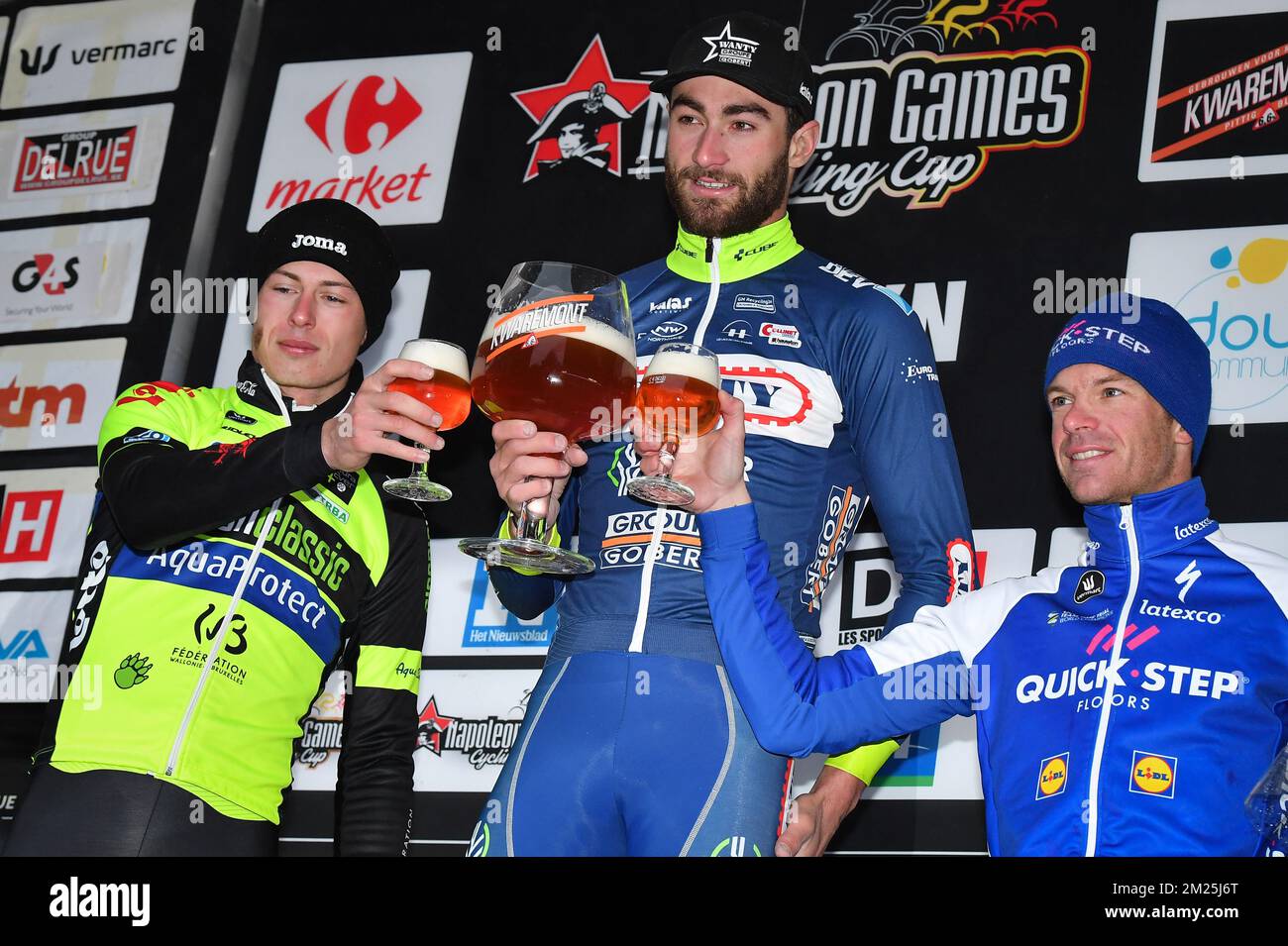 Luxembourgian Alex Kirsch of WB Veranclassic Aqua Protect, Belgian Guillaume Van Keirsbulck of Wanty-Groupe Gobert and Belgian Iljo Keisse of Quick-Step Floors celebrate on the podium after the 49th edition of the Grand Prix du Samyn cycling race, Wednesday 01 March 2017. The race starts in Quaregnon and ends in Dour (202,6km). The Grand Prix du Samyn is also the first round of the Napoleon Games Cup. BELGA PHOTO DAVID STOCKMAN Stock Photo