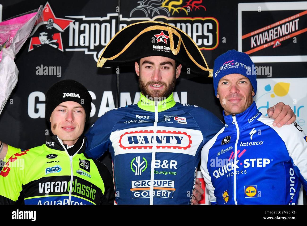 L-R, second, Luxembourgian Alex Kirsch of WB Veranclassic Aqua Protect, winner Belgian Guillaume Van Keirsbulck of Wanty-Groupe Gobert and third, Belgian Iljo Keisse of Quick-Step Floors celebrate on the podium after the 49th edition of the Grand Prix du Samyn cycling race, Wednesday 01 March 2017. The race starts in Quaregnon and ends in Dour (202,6km). The Grand Prix du Samyn is also the first round of the Napoleon Games Cup. BELGA PHOTO DAVID STOCKMAN Stock Photo