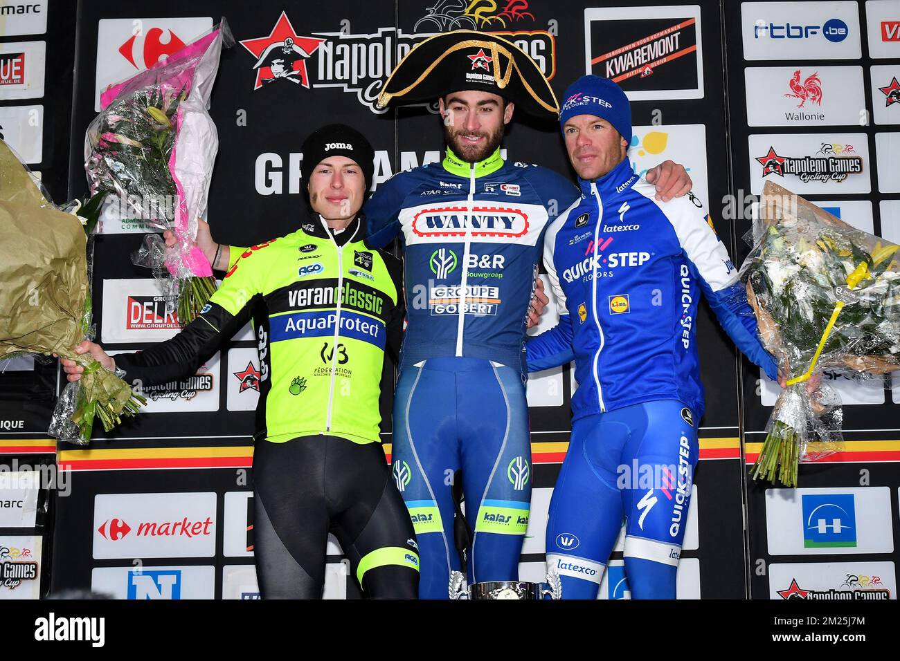 L-R, second, Luxembourgian Alex Kirsch of WB Veranclassic Aqua Protect, winner Belgian Guillaume Van Keirsbulck of Wanty-Groupe Gobert and third, Belgian Iljo Keisse of Quick-Step Floors celebrate on the podium after the 49th edition of the Grand Prix du Samyn cycling race, Wednesday 01 March 2017. The race starts in Quaregnon and ends in Dour (202,6km). The Grand Prix du Samyn is also the first round of the Napoleon Games Cup. BELGA PHOTO DAVID STOCKMAN Stock Photo
