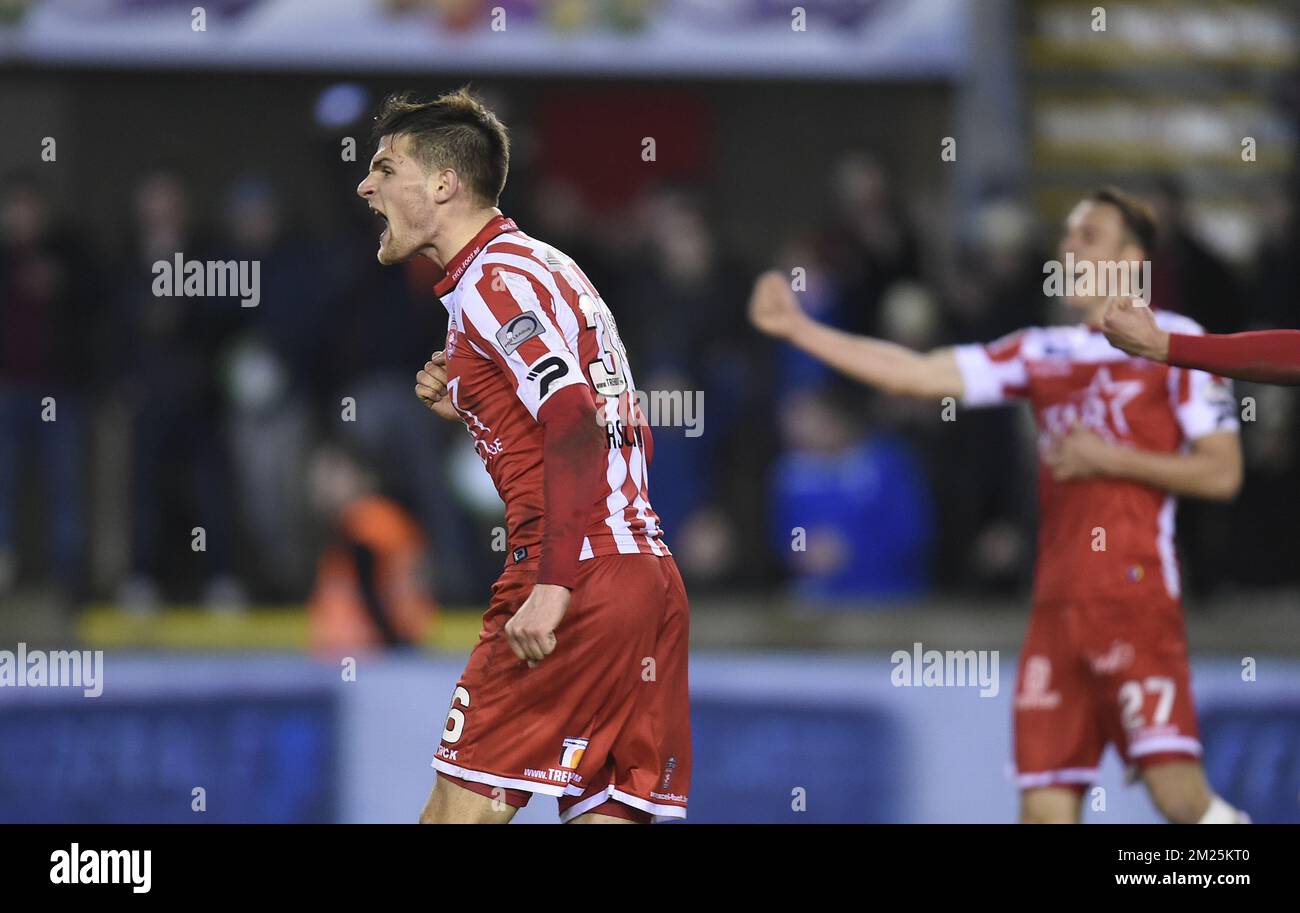 Mouscron's Stefan Simic reacts during the Jupiler Pro League match between Mouscron and Standard de Liege, in Mouscron, Saturday 04 March 2017, on day 29 of the Belgian soccer championship. BELGA PHOTO JOHN THYS Stock Photo