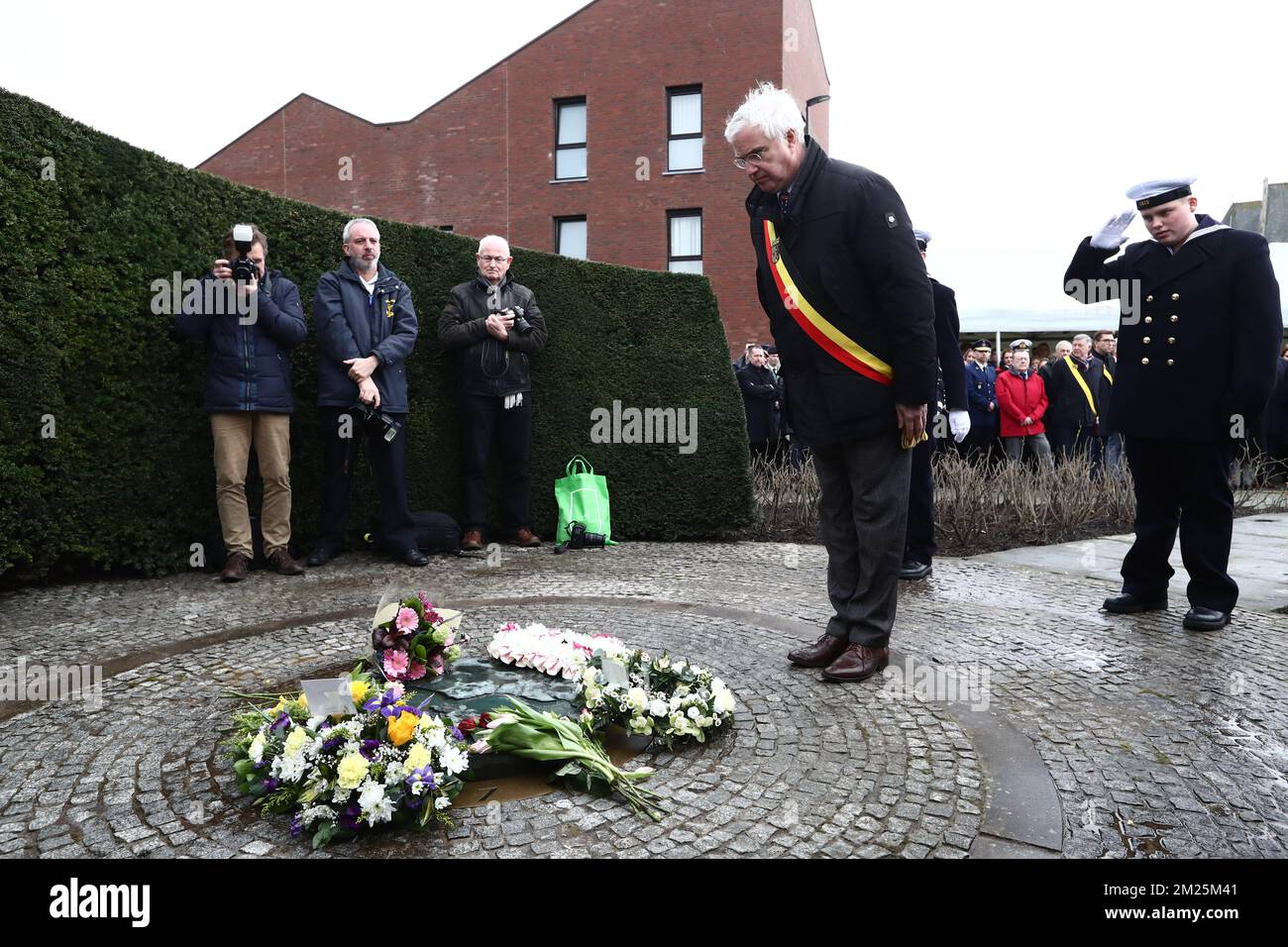 West-Flanders province governor Carl Decaluwe stands at a tribute ceremony for the 30th anniversary of the Herald of Free Enterprise ferry disaster, on Monday 06 March 2017 in Zeebrugge. On 6 March 1987 the ferry left the harbor of Zeebrugge, bound for Dover with more than 450 passengers and 80 crew members on board. It capsized just outside the harbor. The disaster, which was caused by the failure to close the bow doors, cost the life of 194 people. BELGA PHOTO KURT DESPLENTER  Stock Photo