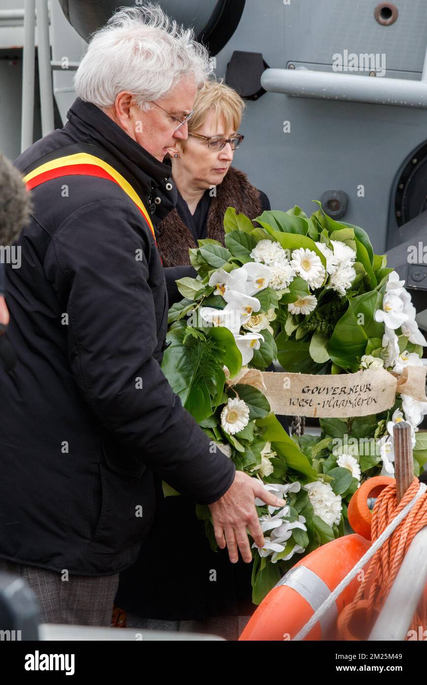 West-Flanders province governor Carl Decaluwe and UK ambassador in Belgium, Alison Rose pictured during the 30th anniversary of the Herald of Free Enterprise ferry disaster, on Monday 06 March 2017 in Zeebrugge. On 6 March 1987 the ferry left the harbor of Zeebrugge, bound for Dover with more than 450 passengers and 80 crew members on board. It capsized just outside the harbor. The disaster, which was caused by the failure to close the bow doors, cost the life of 194 people. BELGA PHOTO KURT DESPLENTER Stock Photo