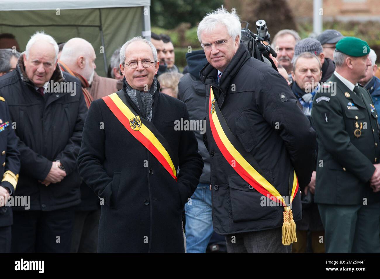 Brugge's Mayor Renaat Landuyt and West-Flanders province governor Carl Decaluwe pictured during a tribute ceremony for the 30th anniversary of the Herald of Free Enterprise ferry disaster, on Monday 06 March 2017 in Zeebrugge. On 6 March 1987 the ferry left the harbor of Zeebrugge, bound for Dover with more than 450 passengers and 80 crew members on board. It capsized just outside the harbor. The disaster, which was caused by the failure to close the bow doors, cost the life of 194 people. BELGA PHOTO KURT DESPLENTER Stock Photo