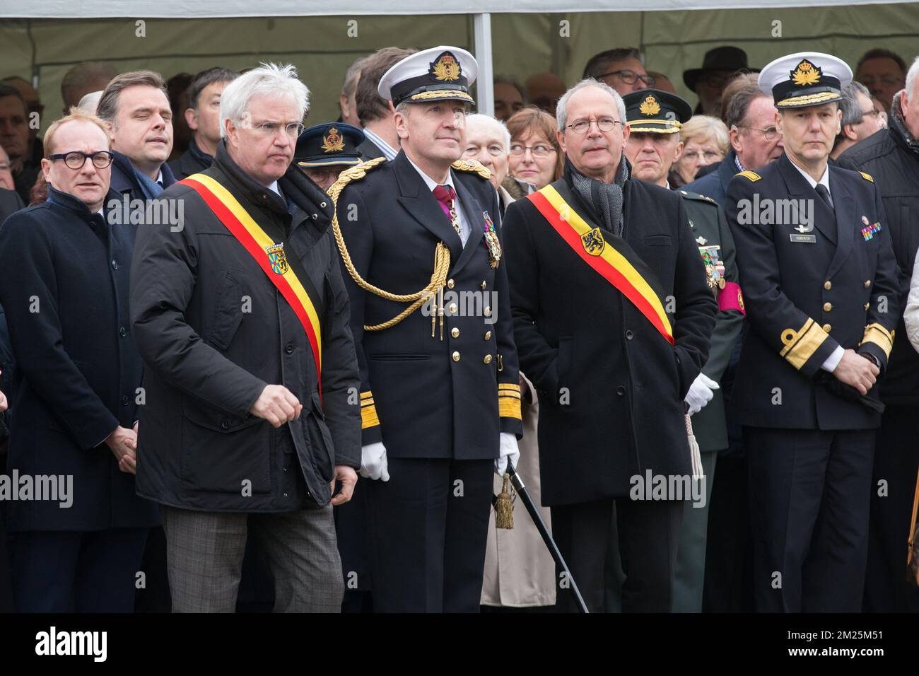 West-Flanders province governor Carl Decaluwe, Rear Admiral Michel Hofman, Brugge's Mayor Renaat Landuyt and Navy Commander Wim Robberecht pictured during a tribute ceremony for the 30th anniversary of the Herald of Free Enterprise ferry disaster, on Monday 06 March 2017 in Zeebrugge. On 6 March 1987 the ferry left the harbor of Zeebrugge, bound for Dover with more than 450 passengers and 80 crew members on board. It capsized just outside the harbor. The disaster, which was caused by the failure to close the bow doors, cost the life of 194 people. BELGA PHOTO KURT DESPLENTER Stock Photo