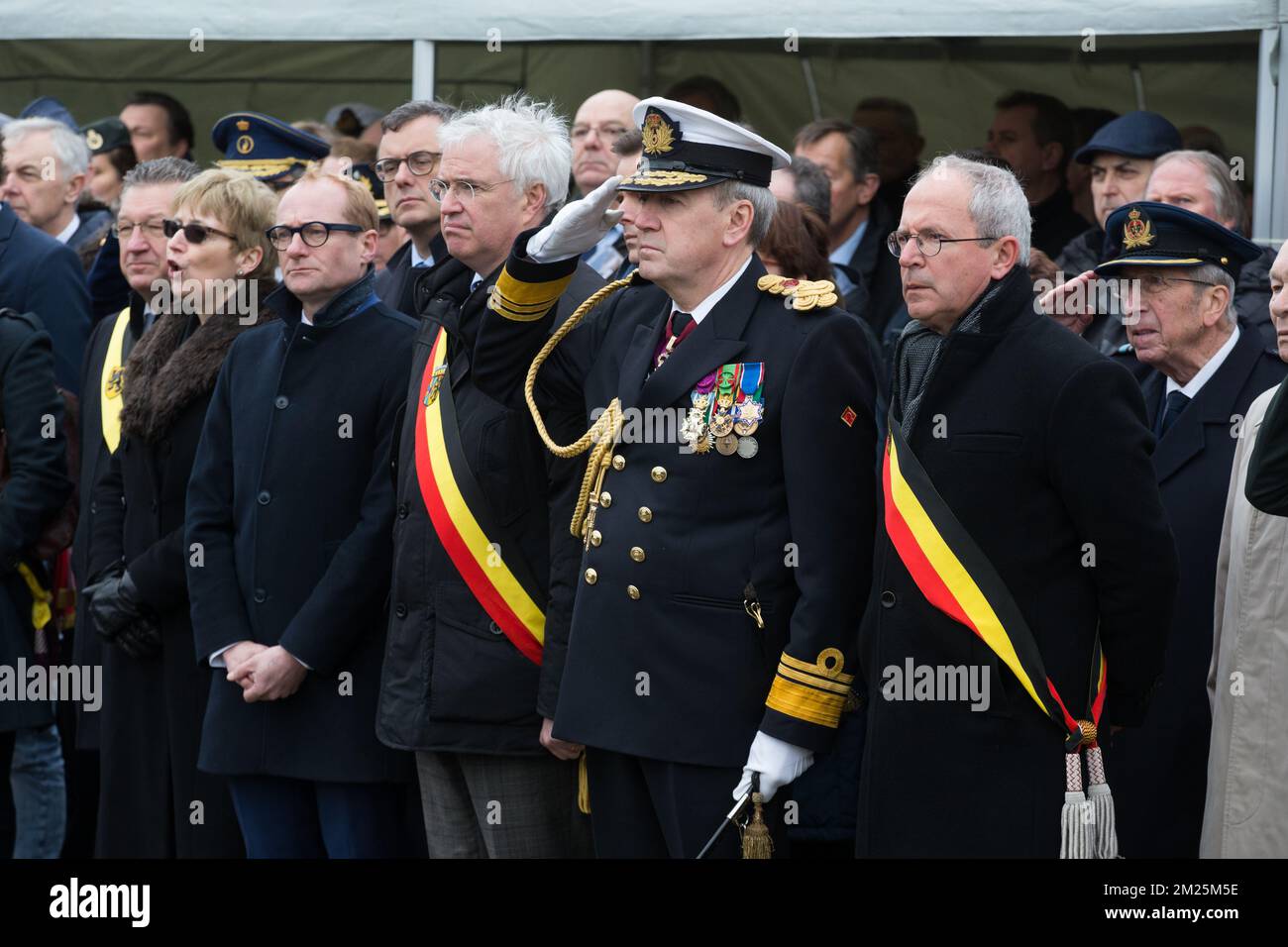 UK ambassador in Belgium, Alison Rose, West-Flanders province governor Carl Decaluwe, Rear Admiral Michel Hofman and Brugge's Mayor Renaat Landuyt pictured during a tribute ceremony for the 30th anniversary of the Herald of Free Enterprise ferry disaster, on Monday 06 March 2017 in Zeebrugge. On 6 March 1987 the ferry left the harbor of Zeebrugge, bound for Dover with more than 450 passengers and 80 crew members on board. It capsized just outside the harbor. The disaster, which was caused by the failure to close the bow doors, cost the life of 194 people. BELGA PHOTO KURT DESPLENTER Stock Photo