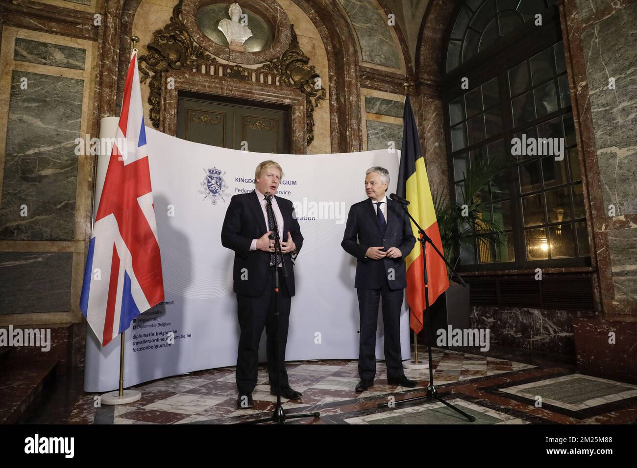 British Foreign Secretary Boris Johnson and Vice-Prime Minister and Foreign Minister Didier Reynders pictured during a press point after a bilateral meeting between the Belgian Foreign Minister and his British counterpart, Monday 06 March 2017, at the Egmont Palace in Brussels. BELGA PHOTO THIERRY ROGE Stock Photo